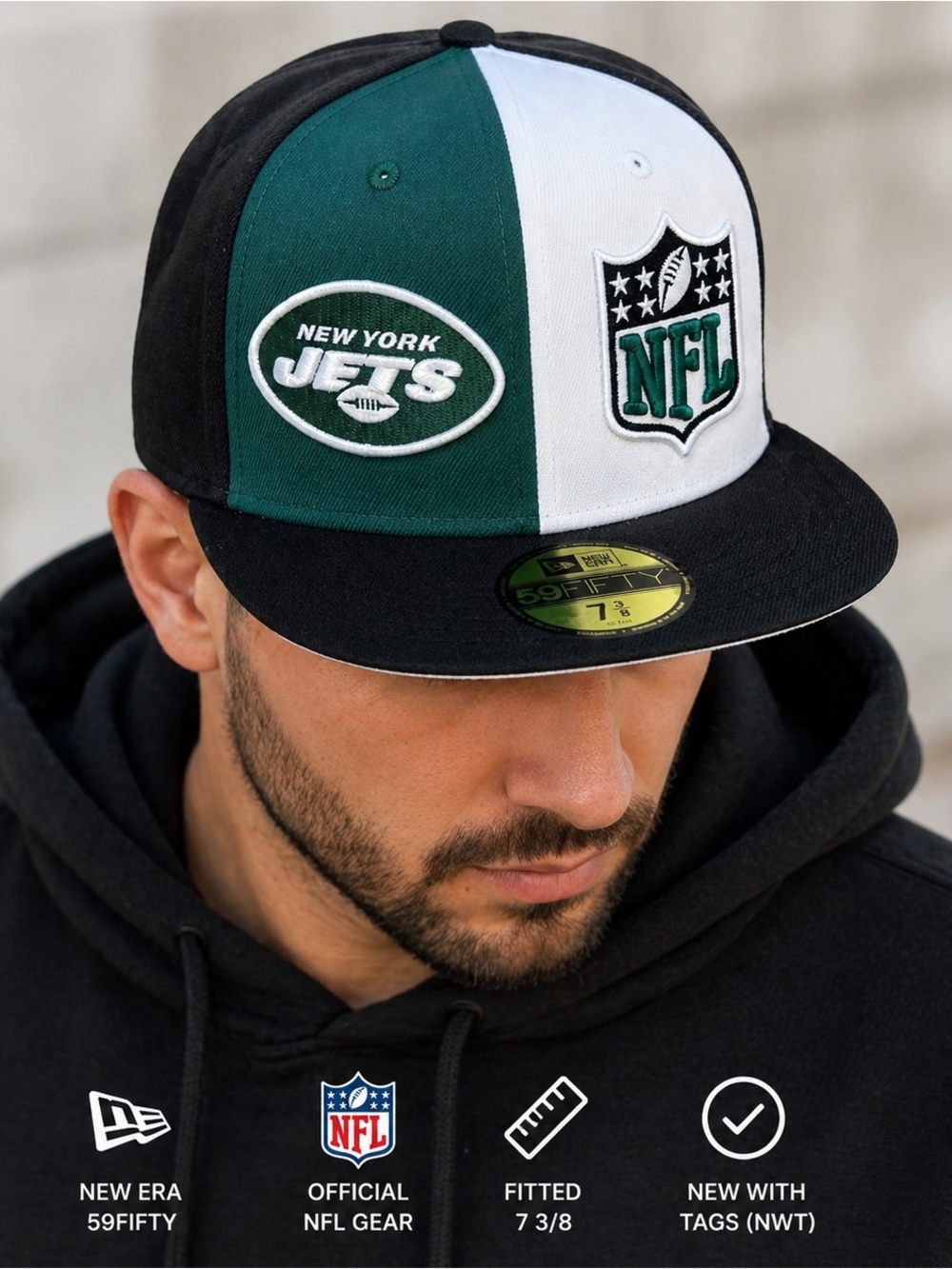 NY Jets Fitted Hat 7 3/8 New Era 59FIFTY NFL Green White Cap NWT